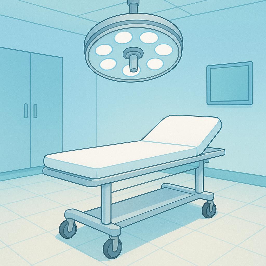 A simple, sterile operating room featuring a surgical gurney centered beneath a large, circular overhead surgical lamp. The room is painted light blue.