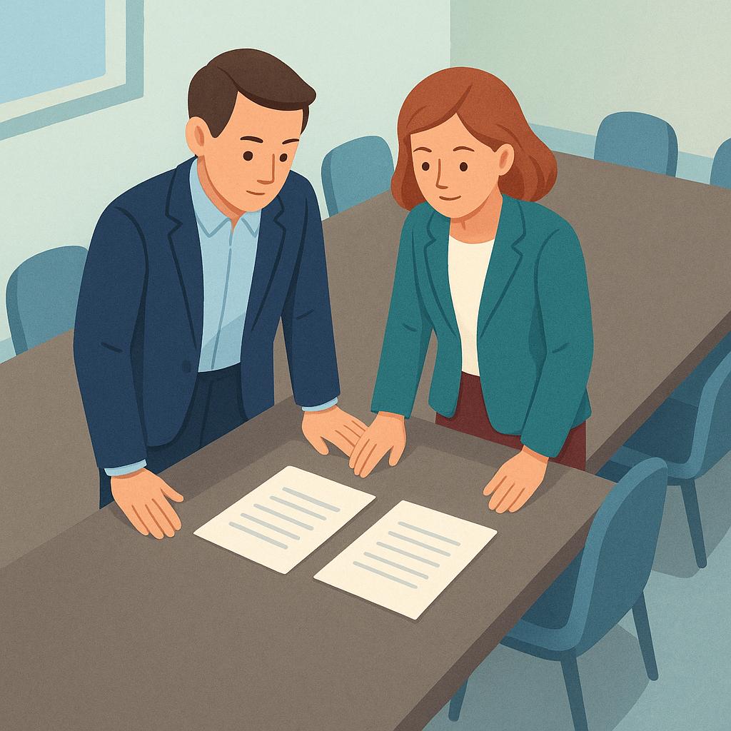An illustration showing two professional managers, a man and a woman, wearing business attire, standing at the head of a long conference table reviewing documents.