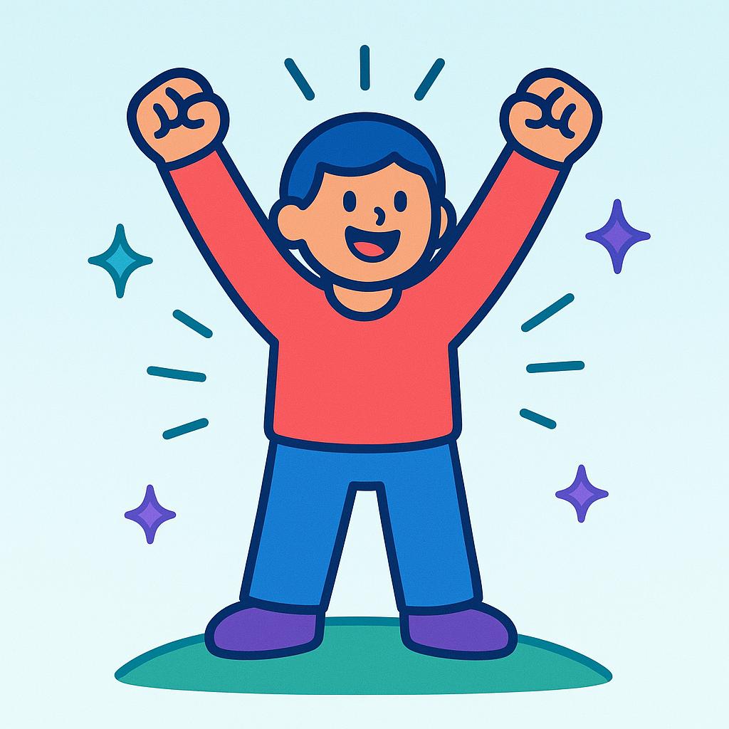 A simplified cartoon figure raising both arms high above their head in a clear pose of celebration and triumph against a bright, colorful background.