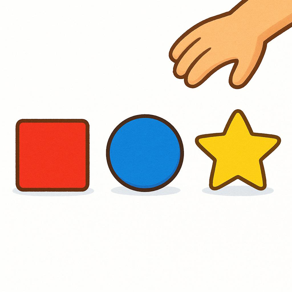 A cartoon hand hovers over three distinct shapes (a red square, a blue circle, and a yellow star) arranged side-by-side on a plain background, visually illustrating the process of selecting items from a group.