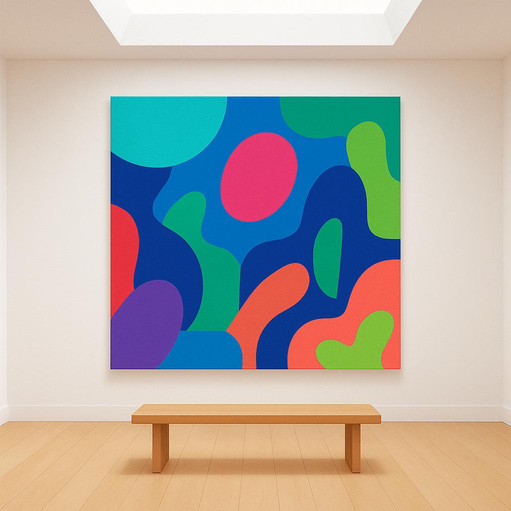 A brightly lit, spacious room displaying a single, large, colorful painting centered on a white wall, typical of an art exhibition space.
