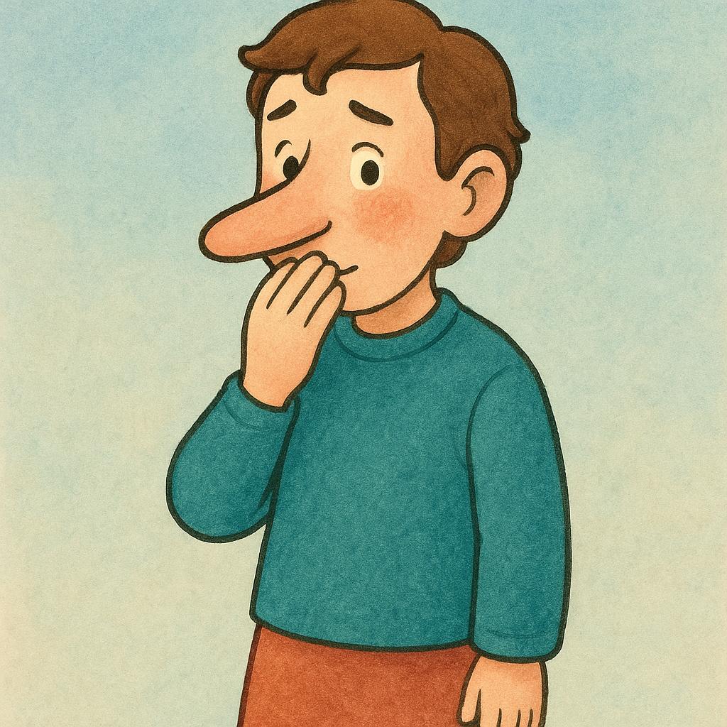 A simple illustration showing a character, reminiscent of Pinocchio, whose nose has grown significantly long, symbolizing that they have told a lie.