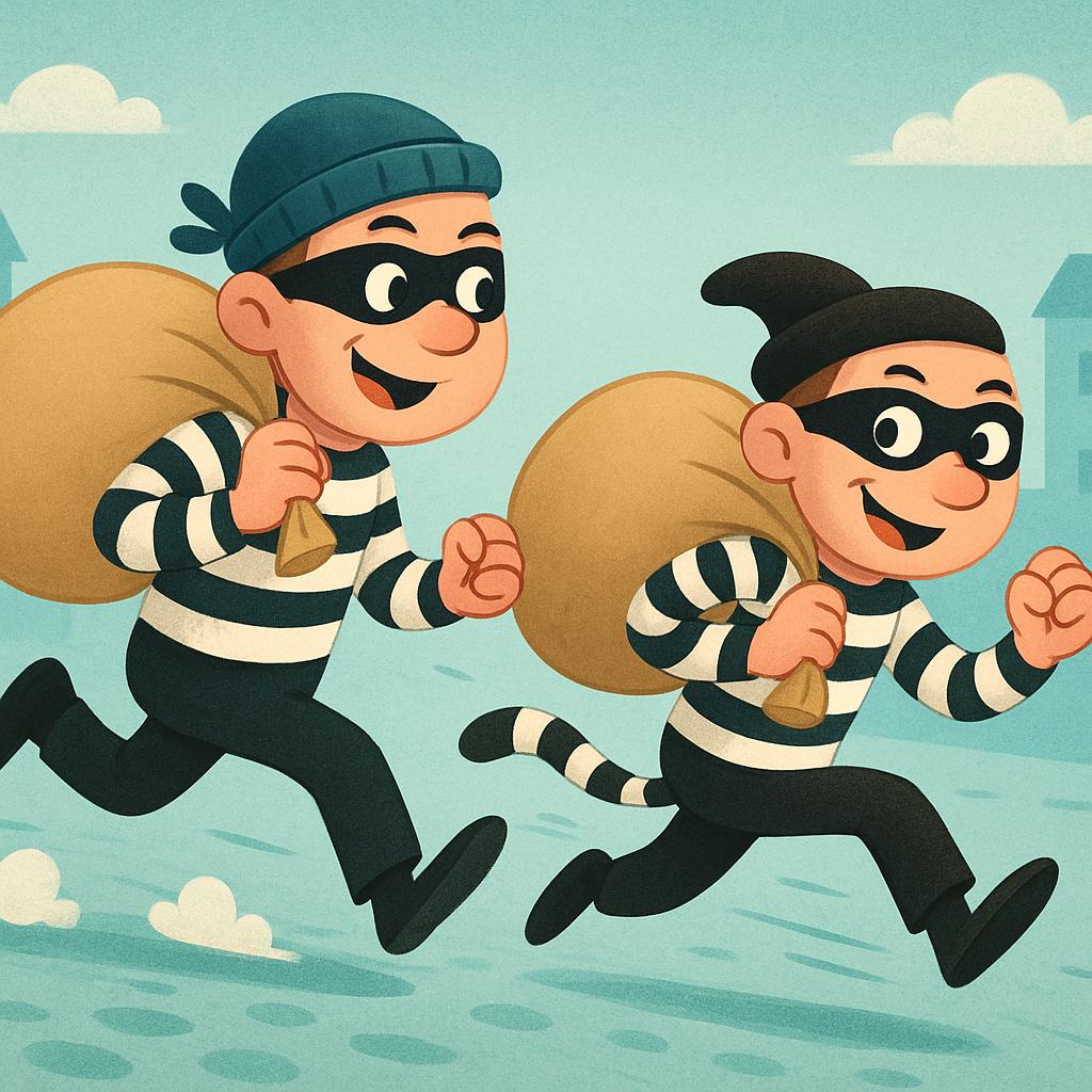 An illustration of two cartoonish figures, dressed in striped shirts and black eye masks, running quickly while carrying a single large, bulging sack over their shoulders, symbolizing stolen goods.