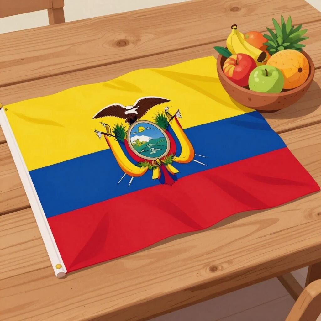 Eine bunte Illustration der ecuadorianischen Flagge, die über einem Holztisch neben einer Schale mit exotischen tropischen Früchten drapiert ist.