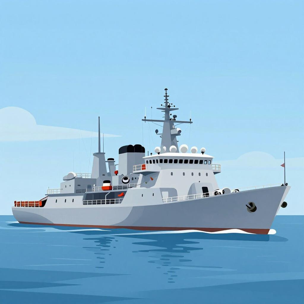 A large gray military ship sailing on a blue ocean.