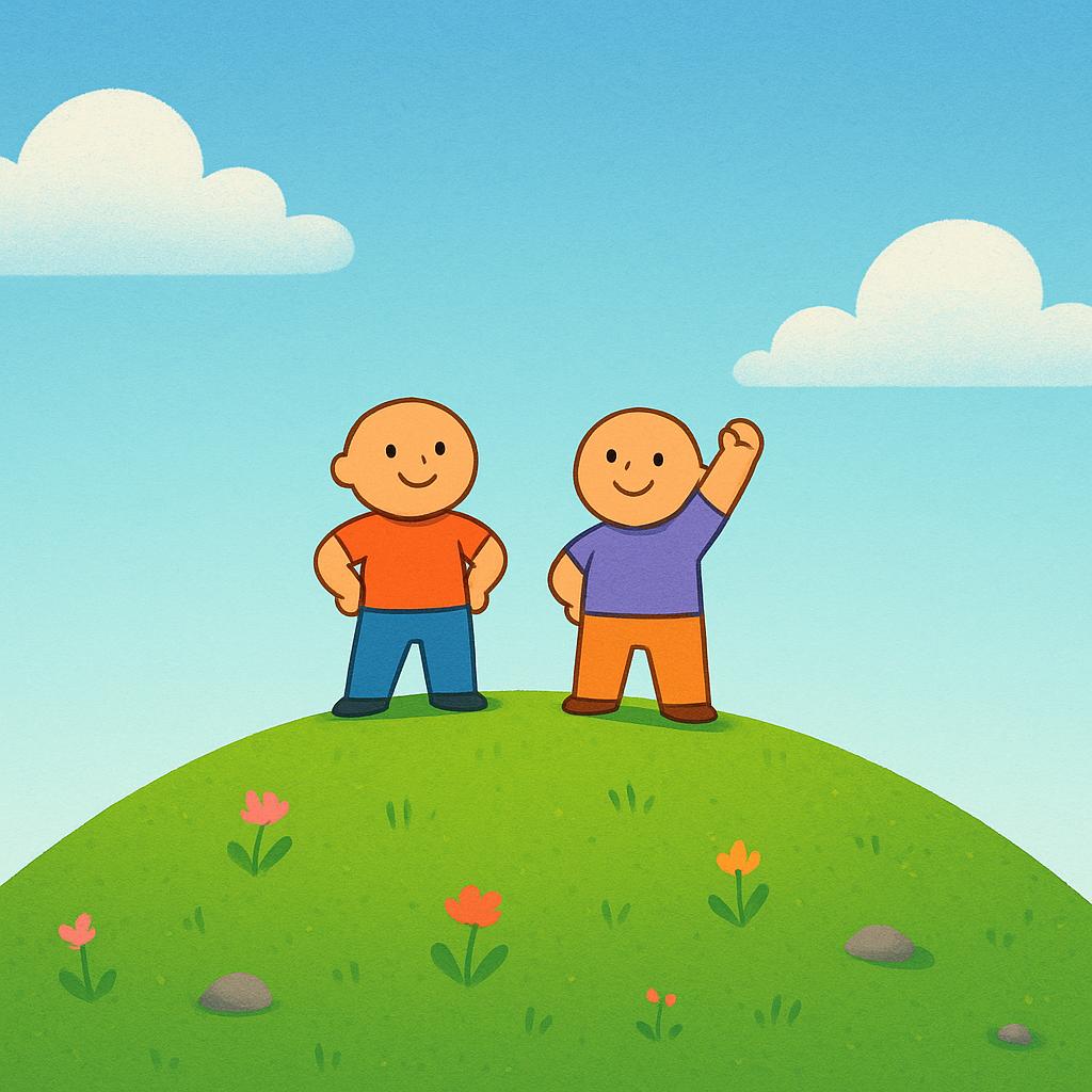 A high quality storybook illustration showing two small, cheerful figures standing triumphantly on the summit of a grassy hill, symbolizing successful completion of a task.