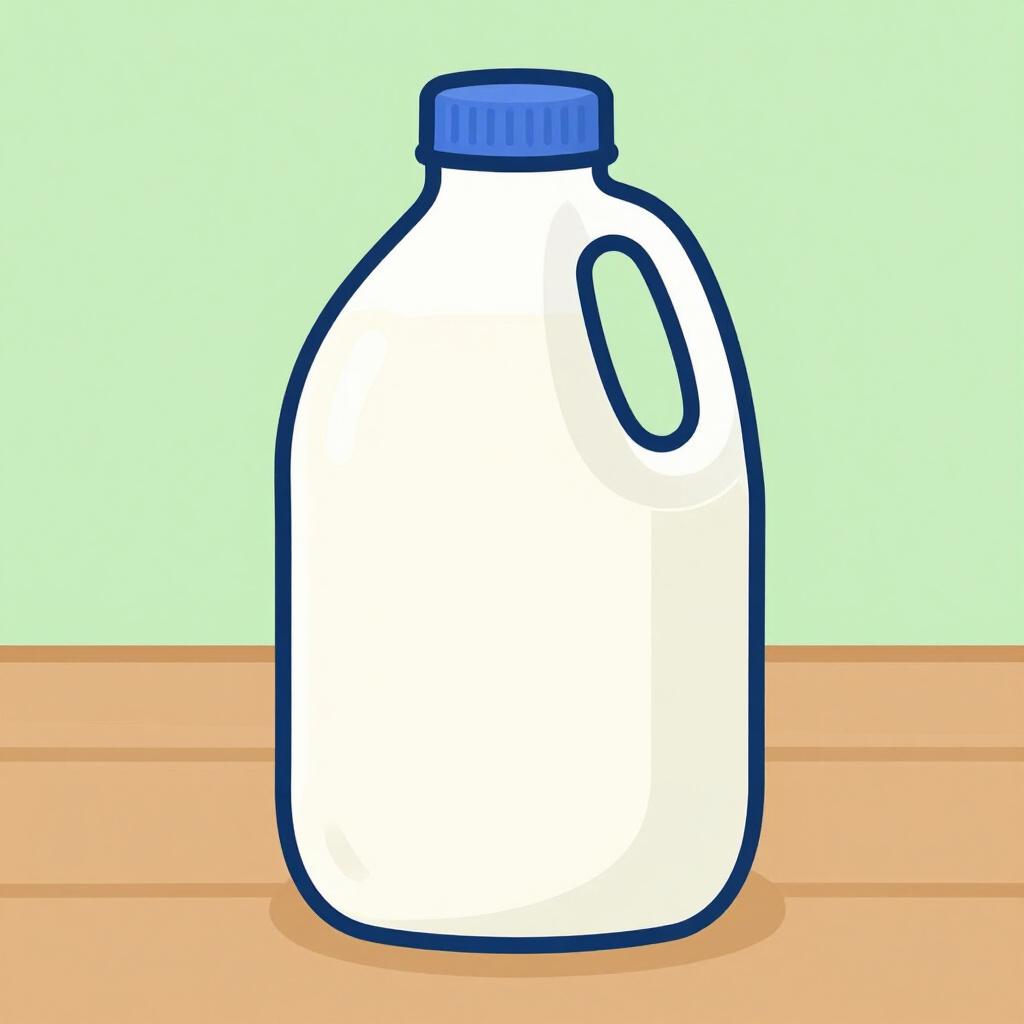 A large plastic jug filled with milk sitting on a wooden table.