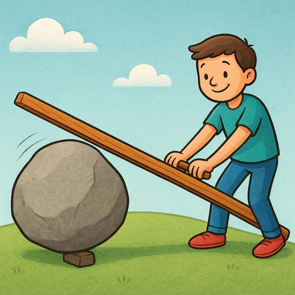 A cheerful person effortlessly using a long wooden lever resting on a small fulcrum to lift a large gray boulder off the ground.