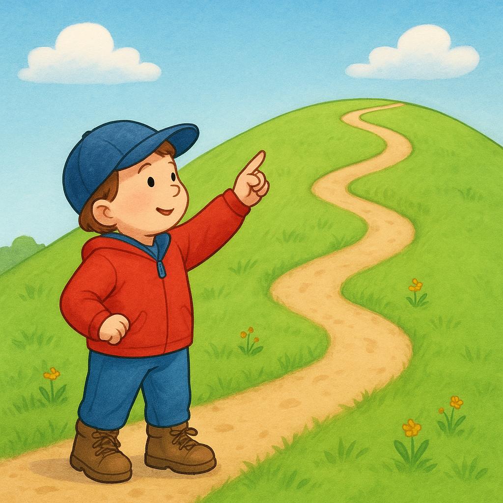 A determined small child wearing colorful hiking boots stands at the bottom of a gentle green hill. The child is pointing up the winding path, ready to begin the climb, symbolizing a future effort.