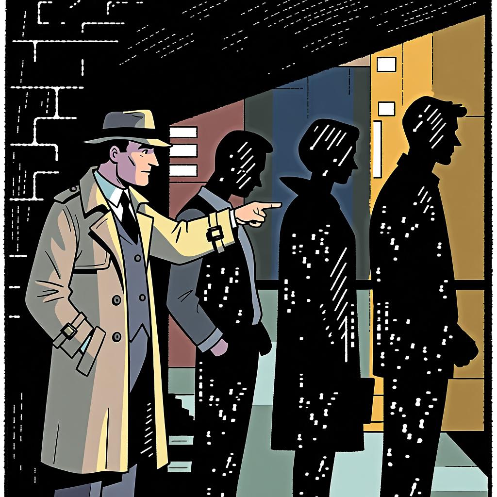 A detective trying to identify a person from a group of silhouettes, representing the question 'who?'.