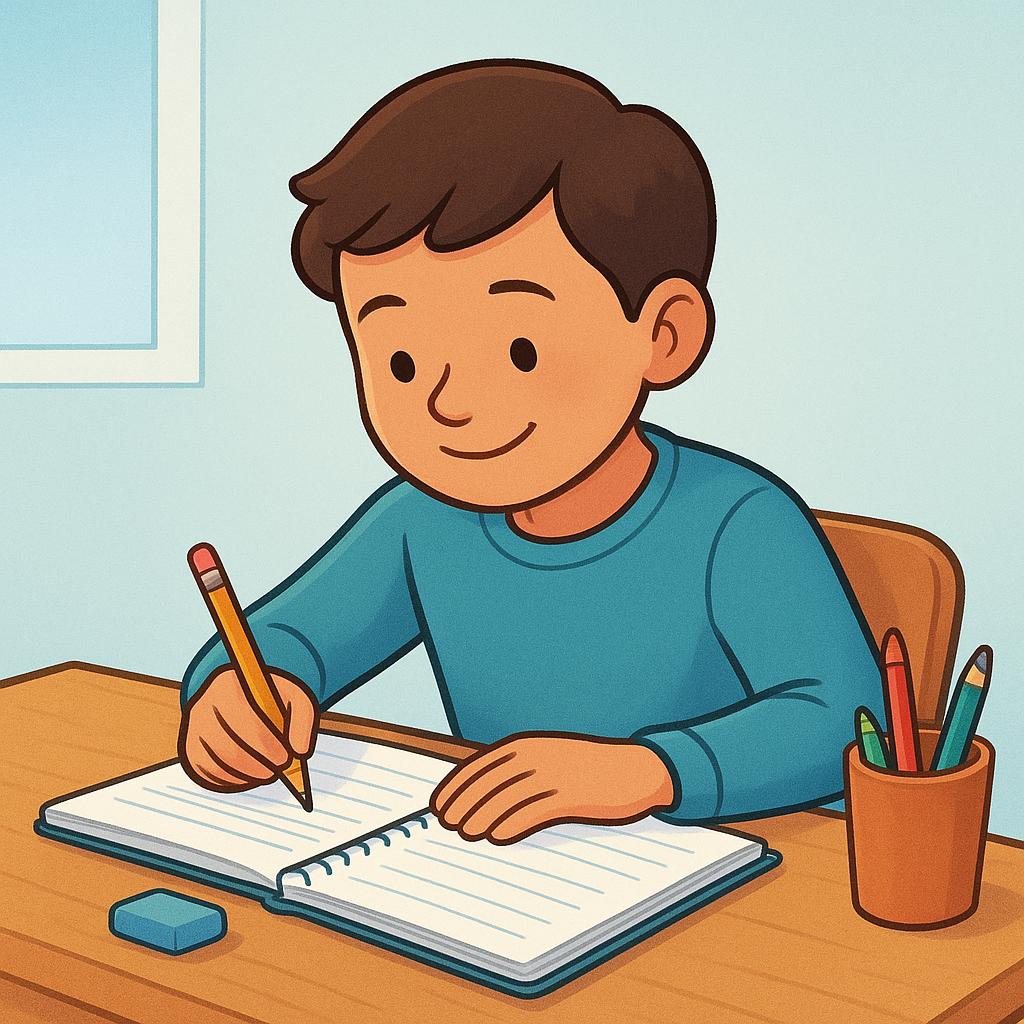A young student sitting at a wooden desk with an open textbook and notebook, holding a pencil, focused on completing their school assignment.