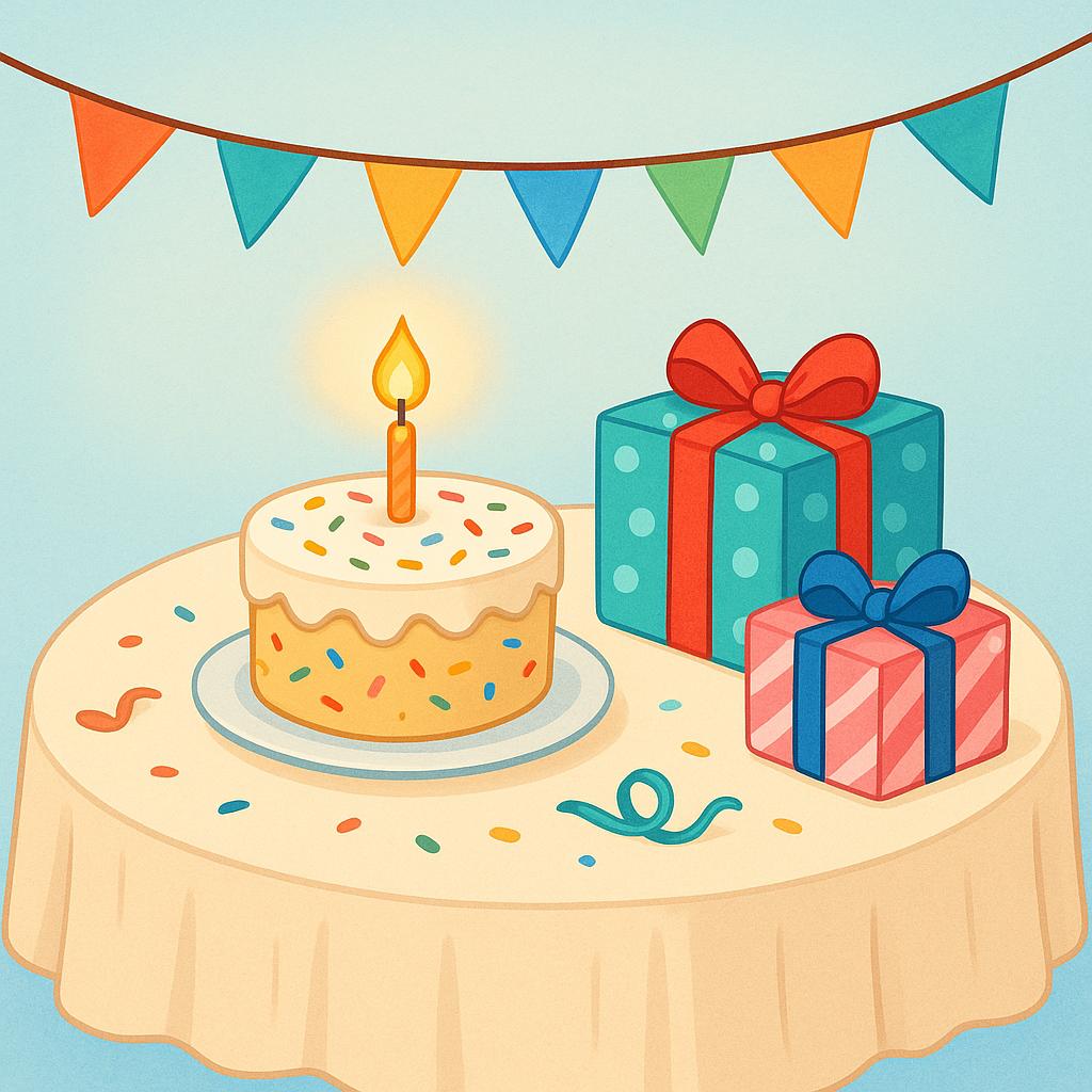 A colorful storybook illustration showing a decorated table with a small birthday cake and wrapped gifts, signifying a special event or occasion.