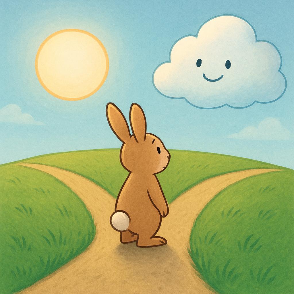 A friendly rabbit stands at a fork in the road on a grassy hill, looking undecidedly between a path leading towards a bright sun and a path leading towards a large, fluffy cloud.