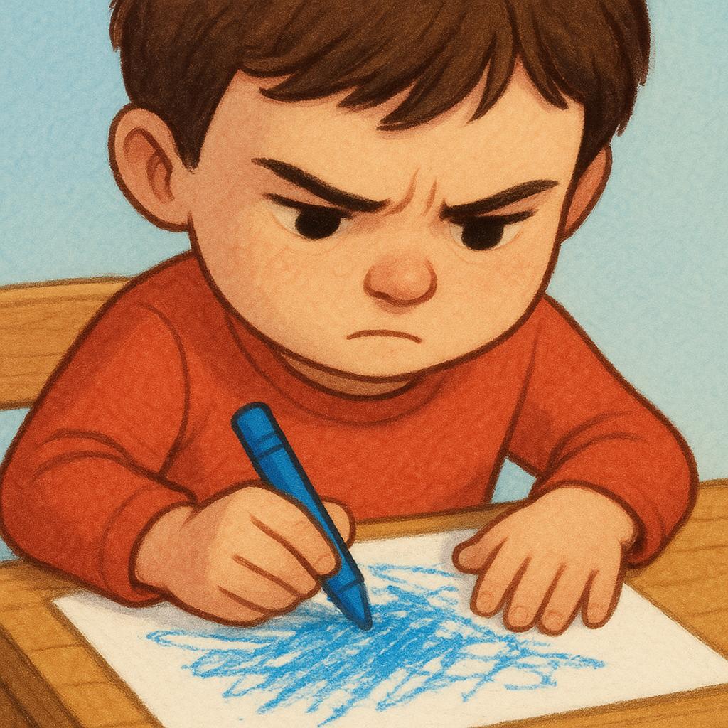 A young child with a serious, focused expression sitting at a small wooden desk, concentrating intently on drawing with a crayon.