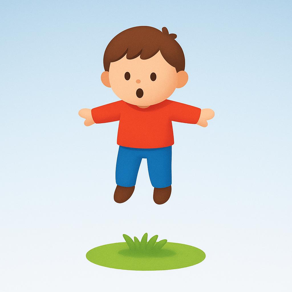 A simplified storybook illustration showing a small human figure tumbling through the air, clearly descending towards the ground below.
