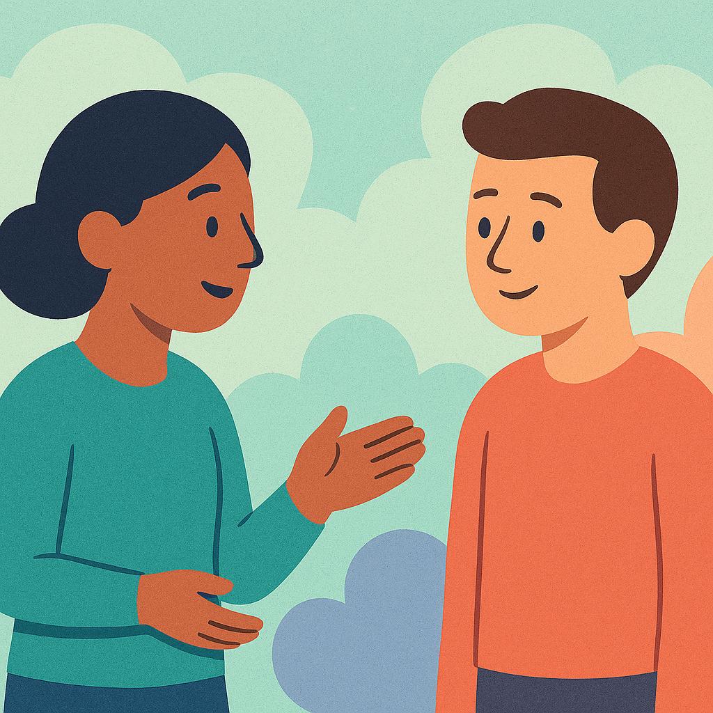 A high quality storybook illustration showing two stylized figures standing face to face. One figure is leaning forward slightly with an open, inviting hand gesture, encouraging the other person to speak.