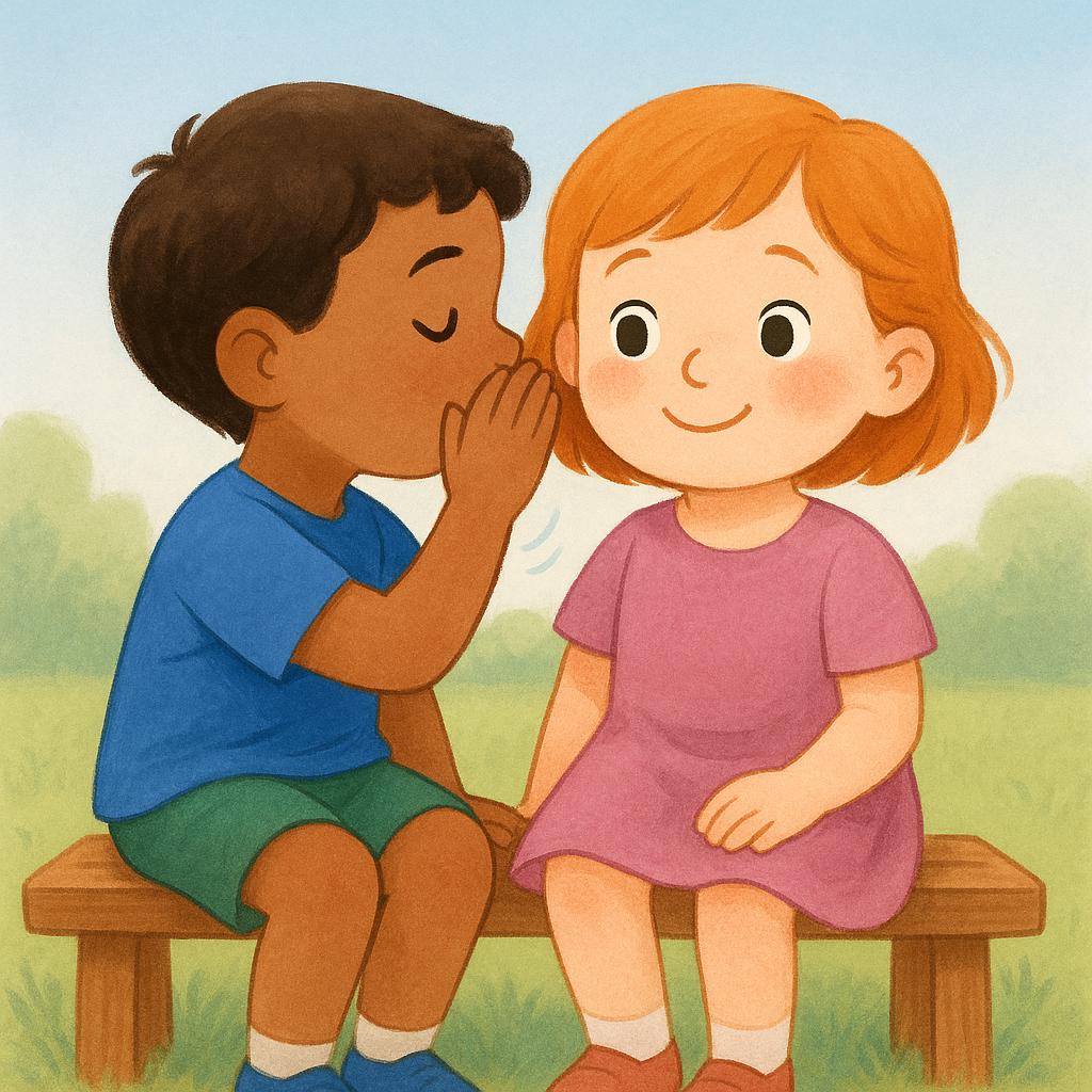 A close-up, colorful storybook illustration showing two young children sitting together. One child leans in toward the other, cupping their hand near the listener's ear as if whispering a secret or sharing a private thought.