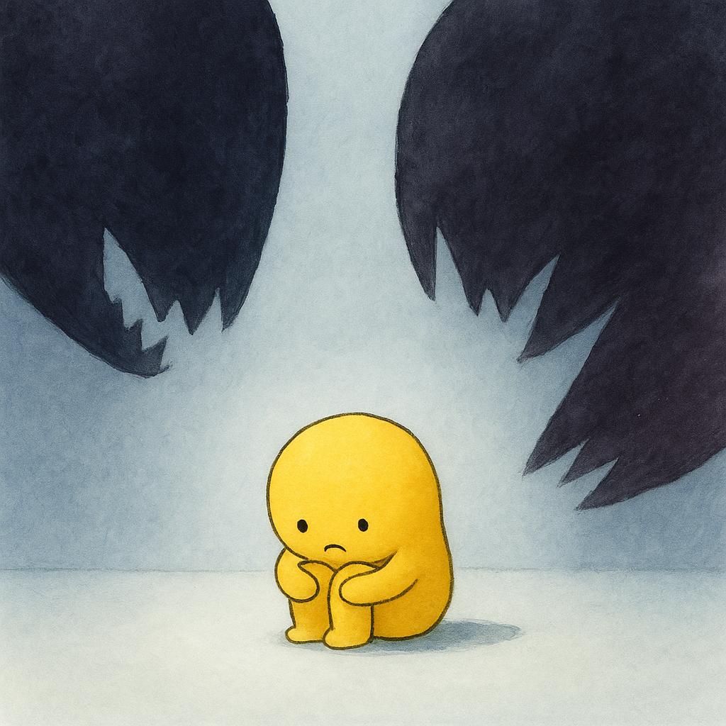 A simple storybook illustration showing a tiny, vulnerable yellow character huddled on the ground, shrinking away from three large, dark, and imposing abstract shapes that loom aggressively over it.