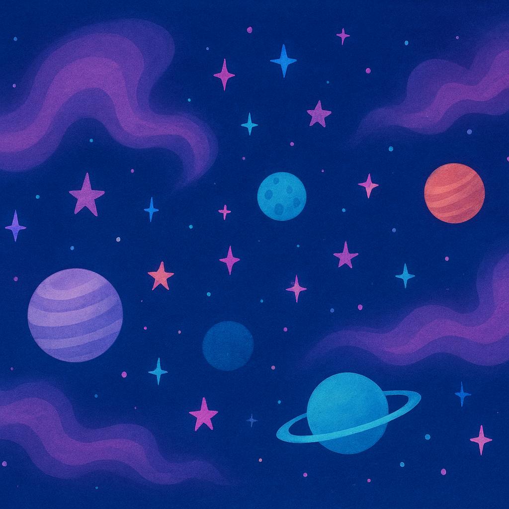 A stylized view of outer space showing numerous yellow and white stars, swirling colorful nebulae, and several simple, round planets floating against a deep blue and black background.