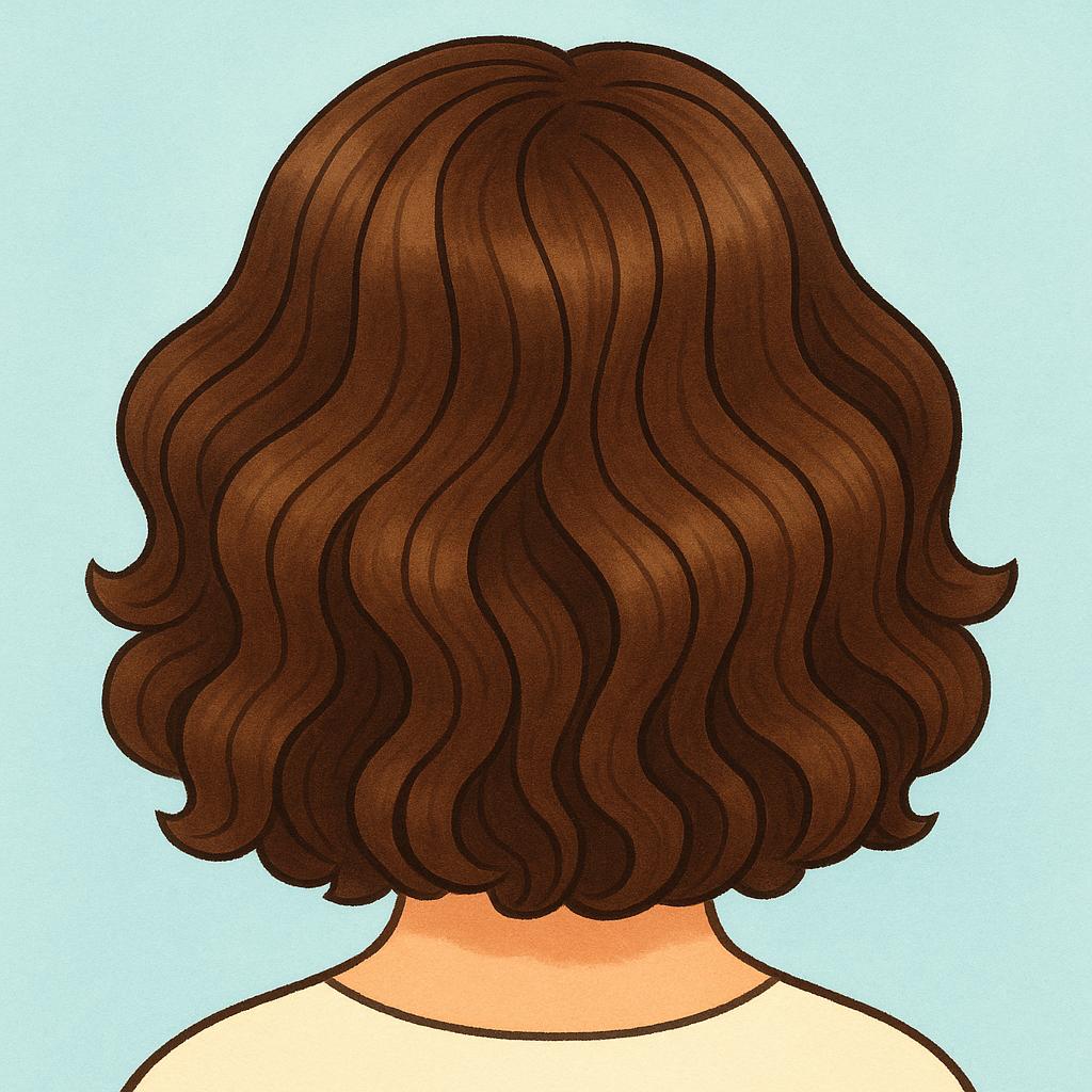 A simple storybook illustration of the back of a person's head showing long, flowing brown hair covering the scalp.