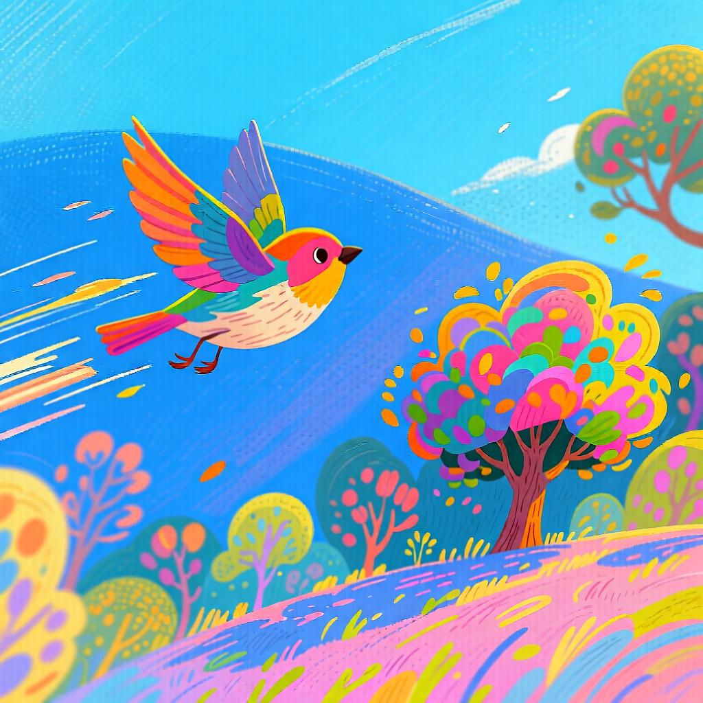 A small, colorful bird flying at high speed across a bright blue sky towards a distant, welcoming tree.