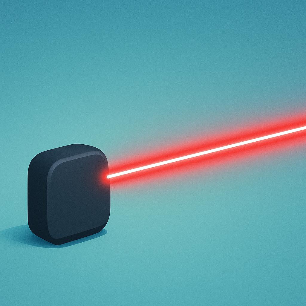 A single, thin, intensely bright red laser beam shooting straight out from a small, stylized, dark handheld device, set against a contrasting dark background.