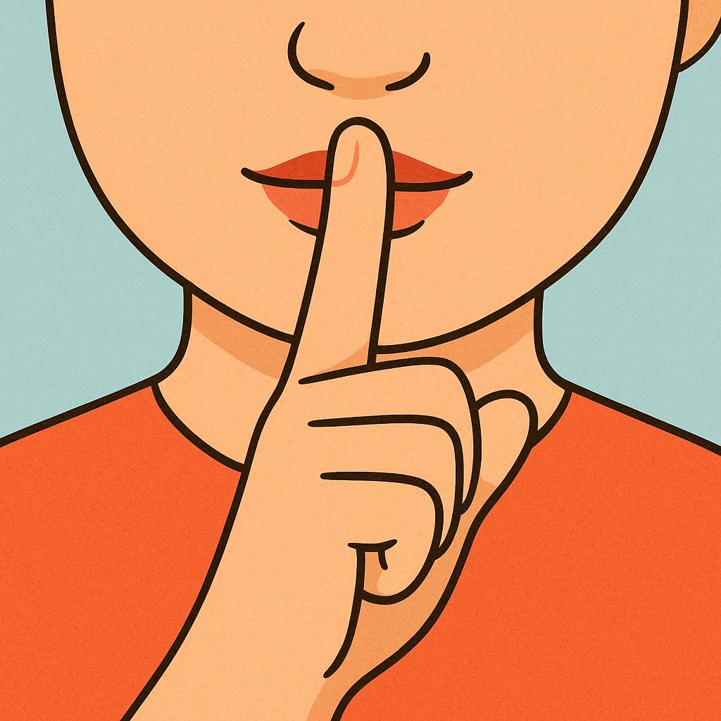 A simple colorful illustration showing a person's hand with an index finger pressed vertically against their lips, signaling the 'shush' or 'be quiet' gesture.