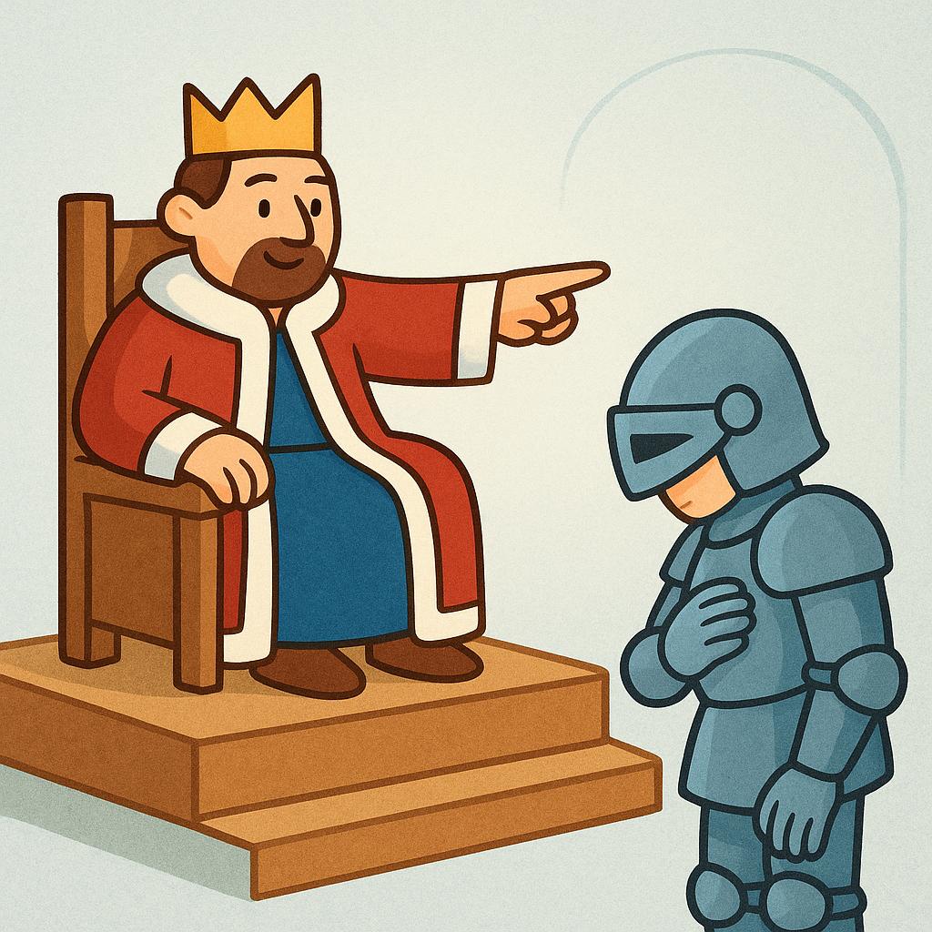 A colorful storybook illustration showing a king sitting on a simple throne, pointing decisively with one hand towards a kneeling knight, symbolizing giving a command.