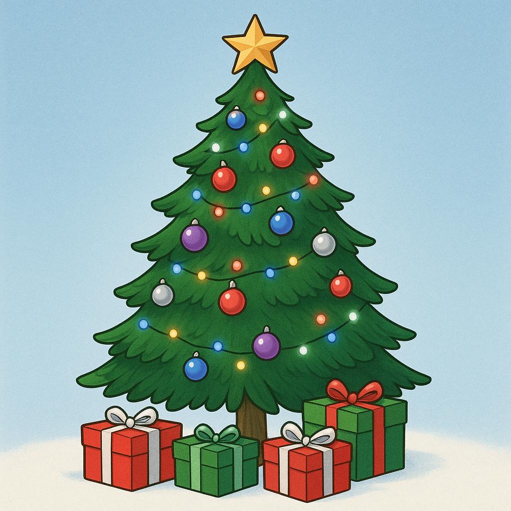 A brightly decorated Christmas tree with colorful ornaments and wrapped presents piled at the base.