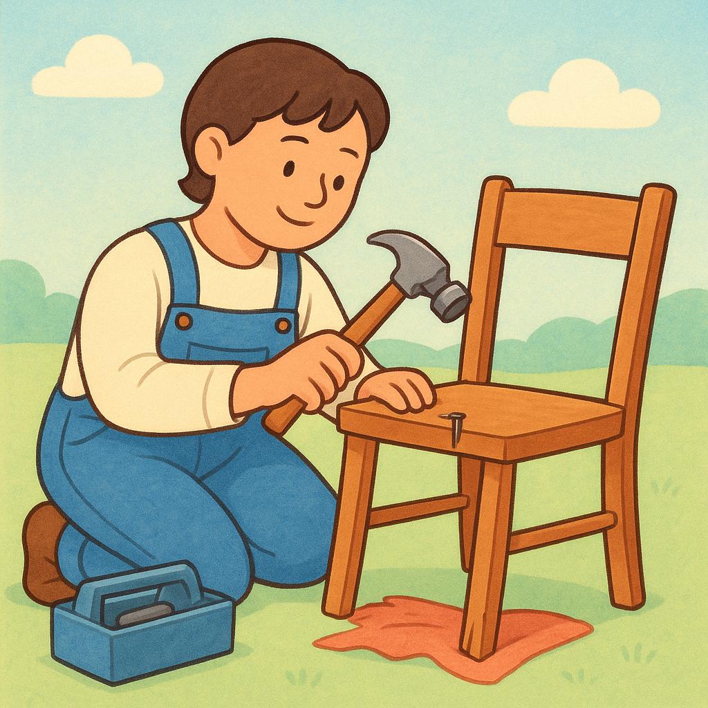 A person mending a broken wooden chair using a hammer and nails.
