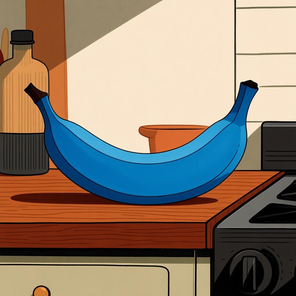 A bright blue banana resting on a wooden counter, symbolizing strangeness or something unusual.