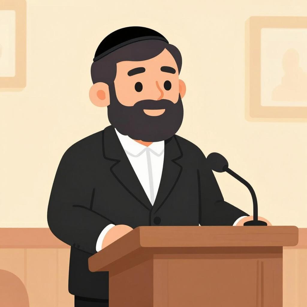 A friendly man with a beard wearing a traditional black suit and a small circular head covering, standing in front of a simple wooden podium.