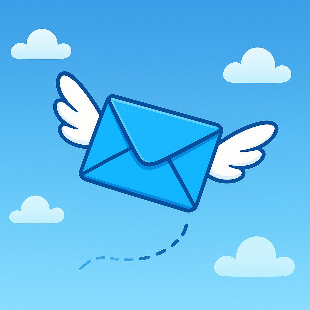A colorful flying envelope with small white wings, representing a sent electronic message.