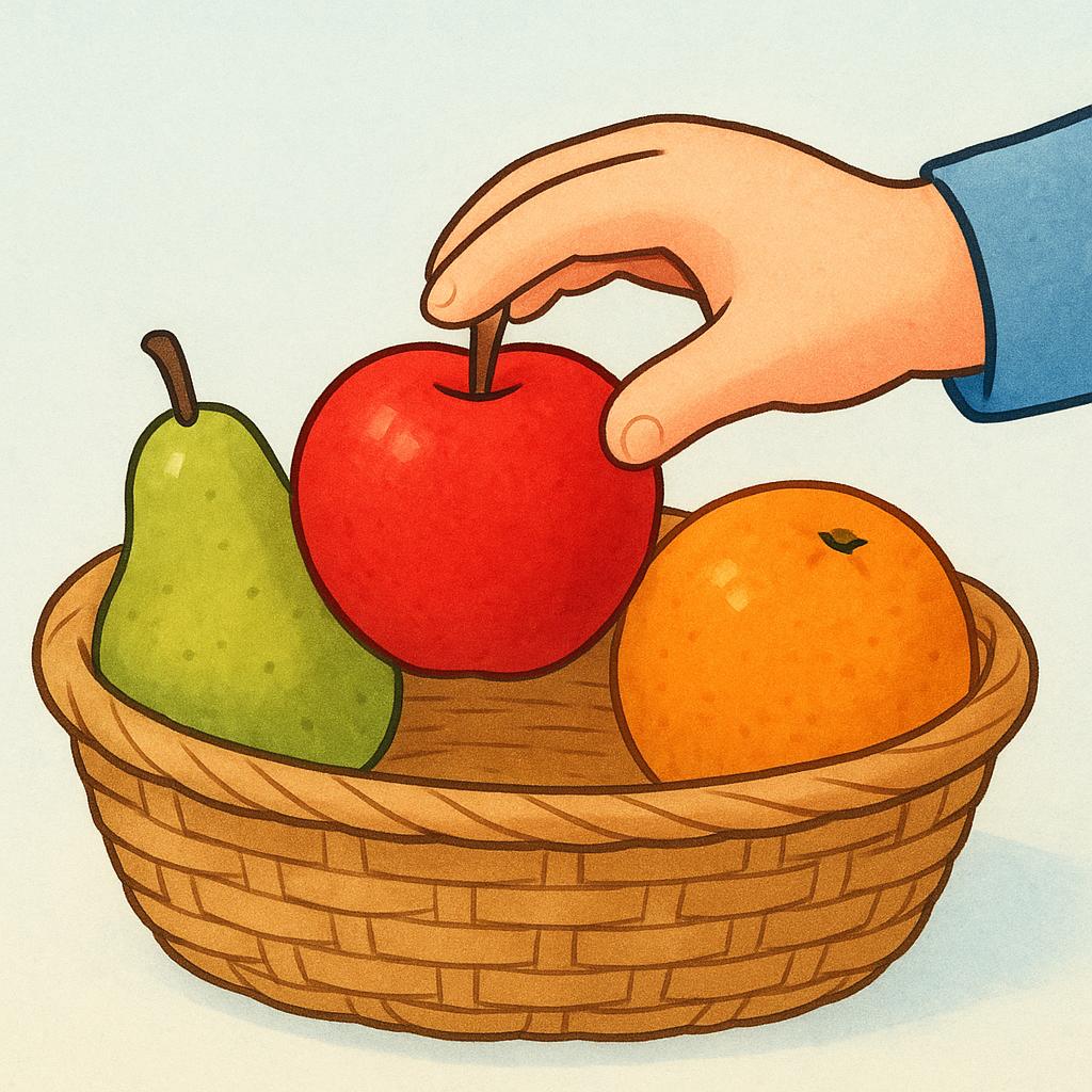 A small hand reaching out to select one brightly colored red apple from a basket containing two other different fruits, illustrating selection.