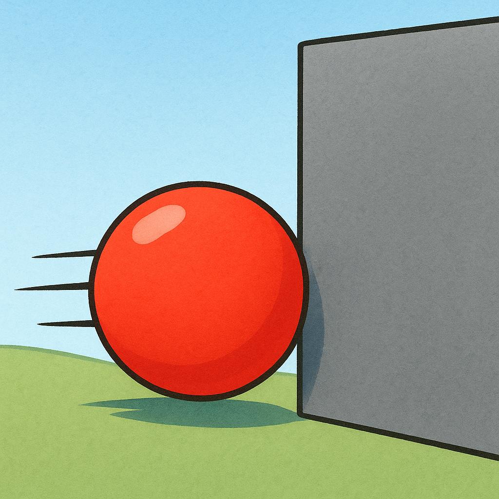 A bright red ball is rolling quickly but is completely blocked and stopped by a large, solid gray wall.