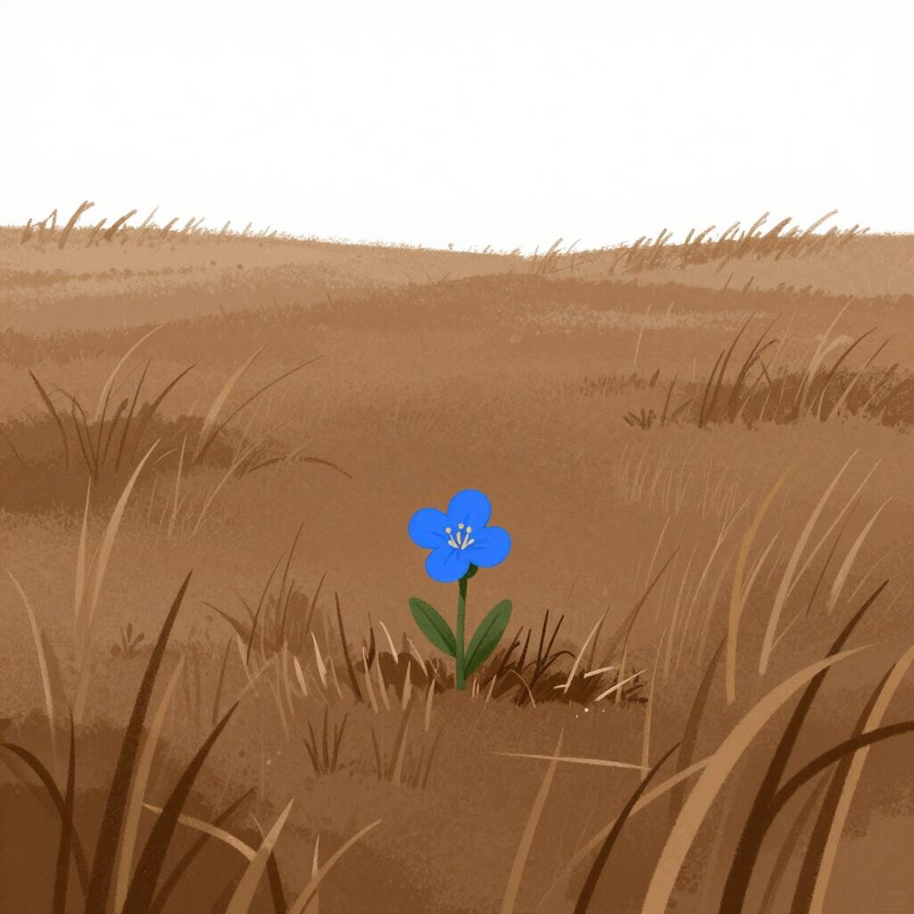 A single blooming flower in a vast field of dry, yellow grass.