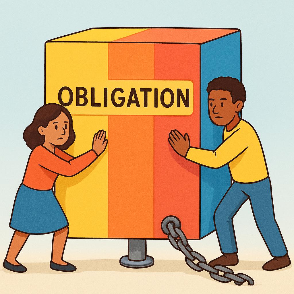 A storybook illustration showing a man and a woman looking determinedly at a massive, colorful block they are preparing to push, symbolizing a necessary task or obligation.