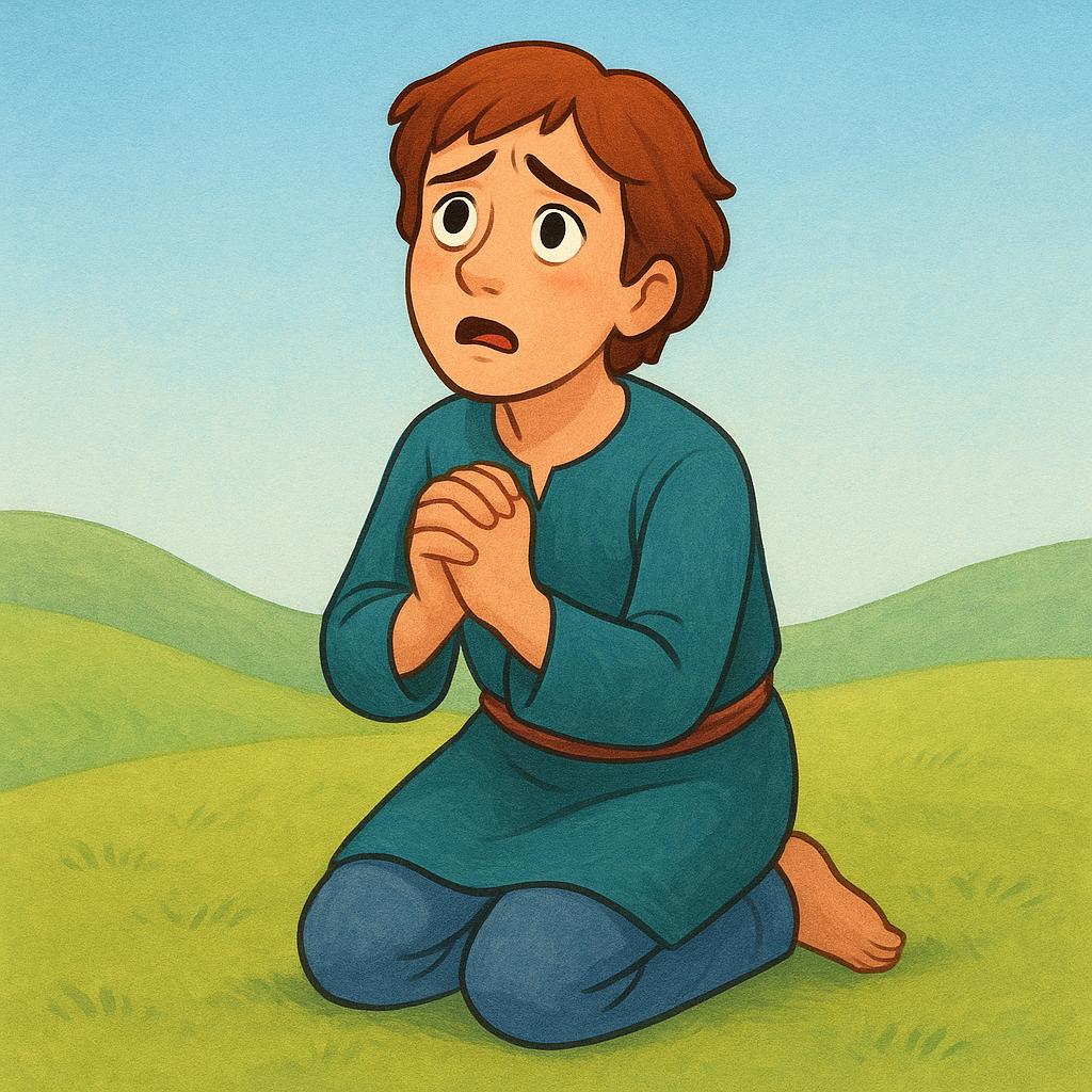 A lone figure kneeling on the ground with their hands pressed together in a desperate, pleading posture.