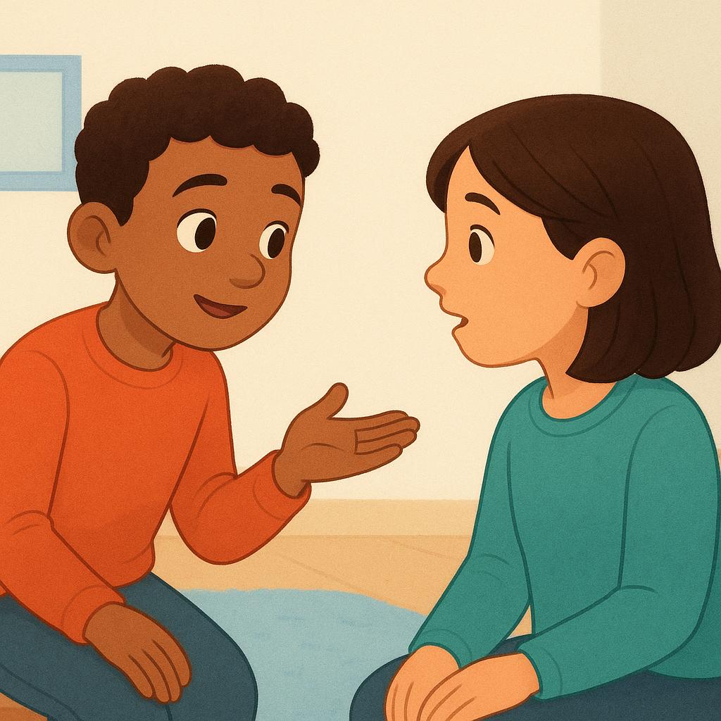A colorful storybook illustration showing a curious character leaning forward with an expectant facial expression and an open hand gesture, clearly urging a second character to speak and share information.