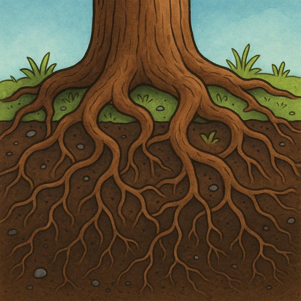 Thick, exposed tree roots emerge from the base of a trunk and spread into the dark earth, showing the underground structure of a plant.