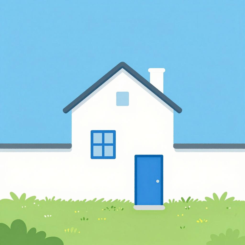 家の側壁にある、明るい色のドアがついたシンプルな家。