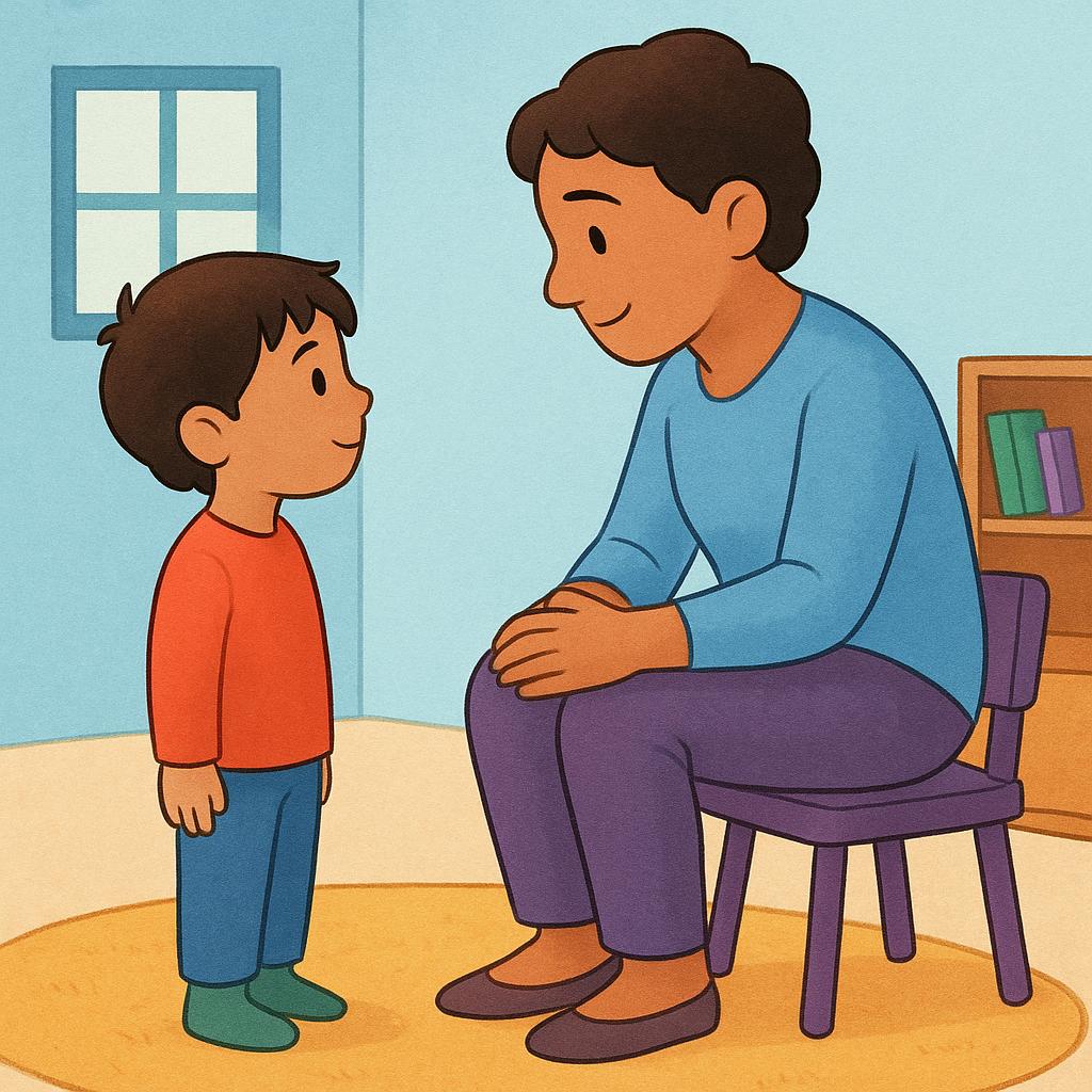 A colorful storybook illustration of a small child standing and looking up expectantly at an adult, who is leaning down slightly to listen intently.