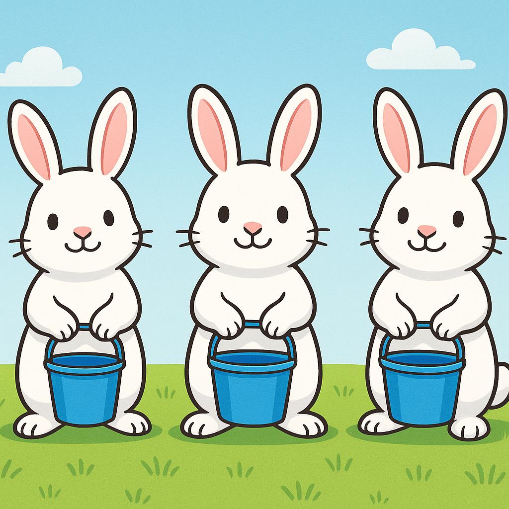 A colorful storybook illustration showing three identical cartoon rabbits standing together on a sunny green field, each holding a small blue bucket, suggesting they are routinely preparing for a shared task.