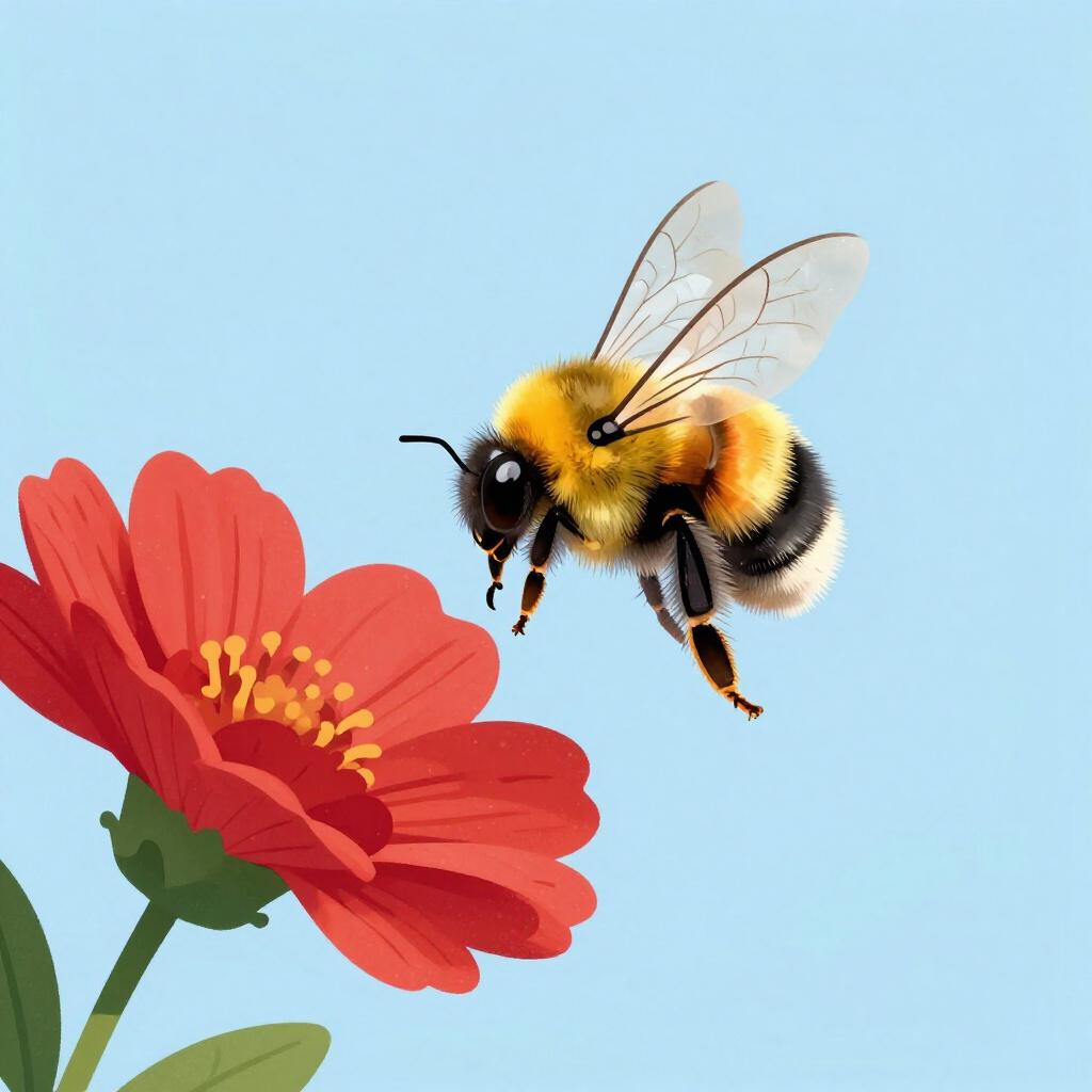 A cheerful yellow and black striped honeybee flying near a colorful flower.