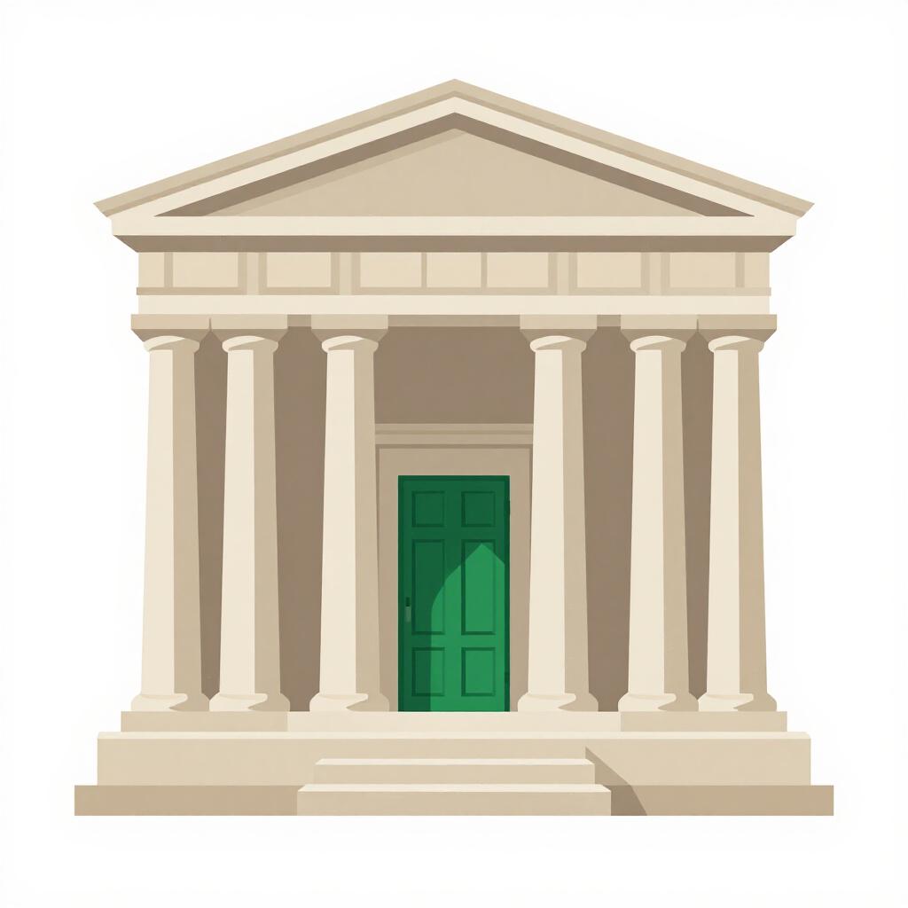A classic stone bank building with tall pillars and a large heavy door.