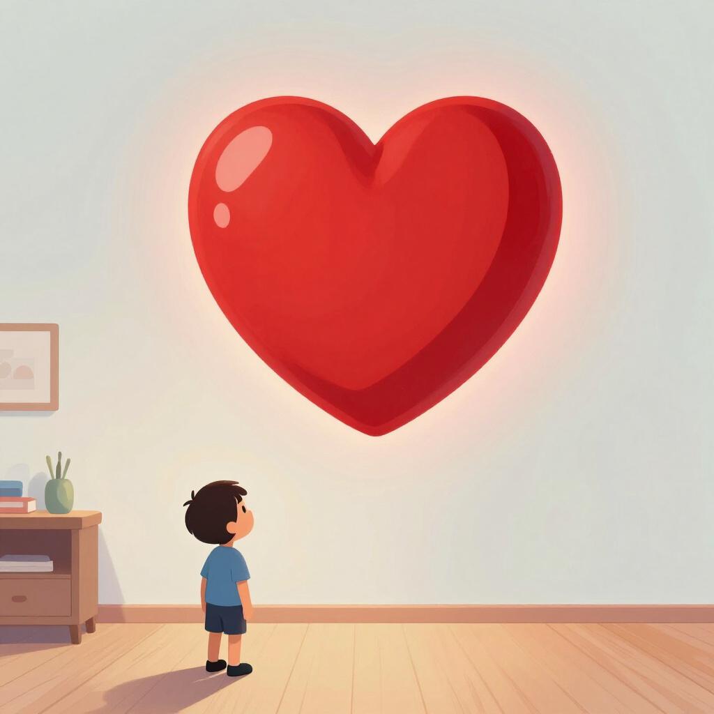 A small person looking up at a giant, glowing red heart that fills the entire room.