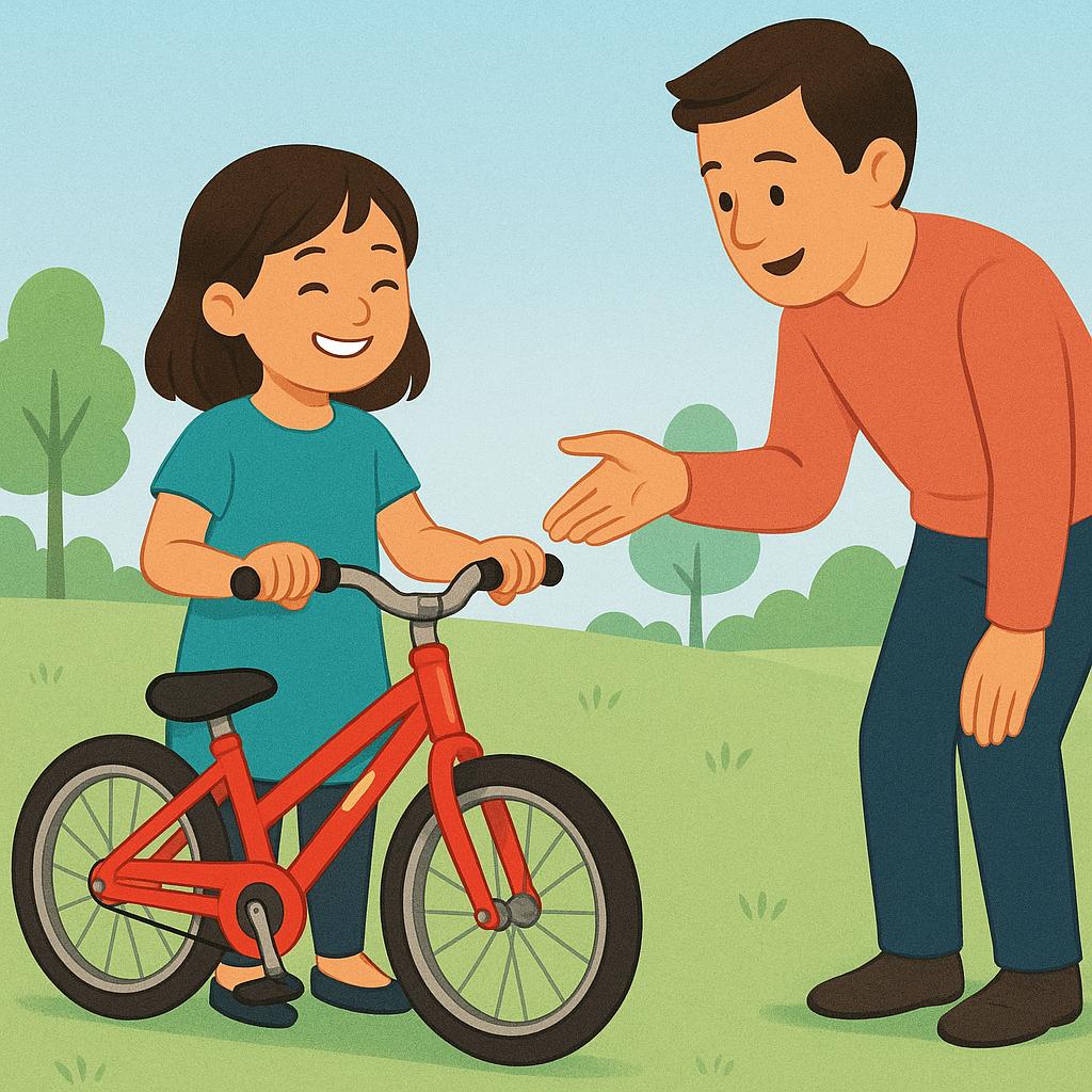 A happy young girl standing next to a bright red bicycle, while an adult points to the bike, confirming that it is hers.