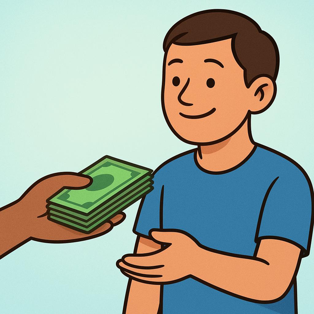 A simple illustration showing a worker happily receiving a neat stack of currency bills from an employer's hand, representing a salary payment.