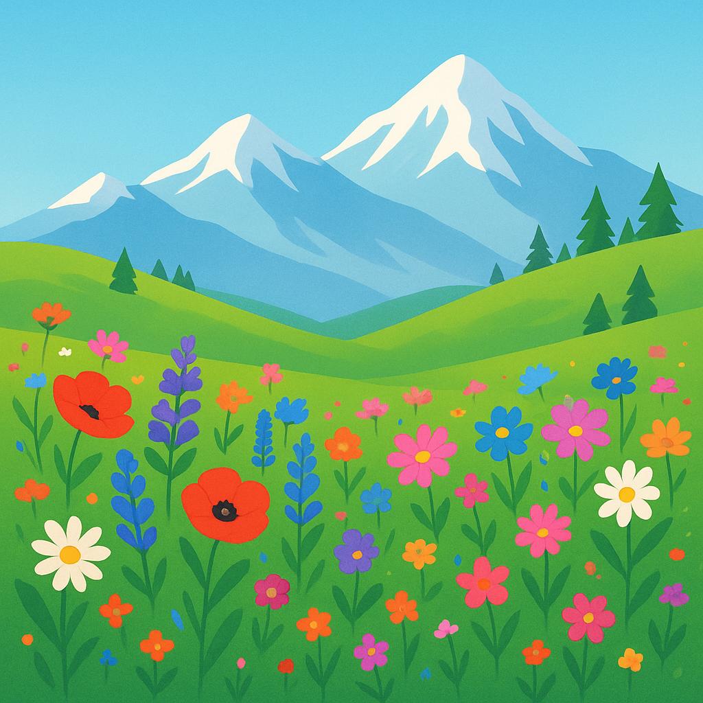 A lush, green mountain meadow bursting with red, yellow, and purple wildflowers under a bright blue sky.