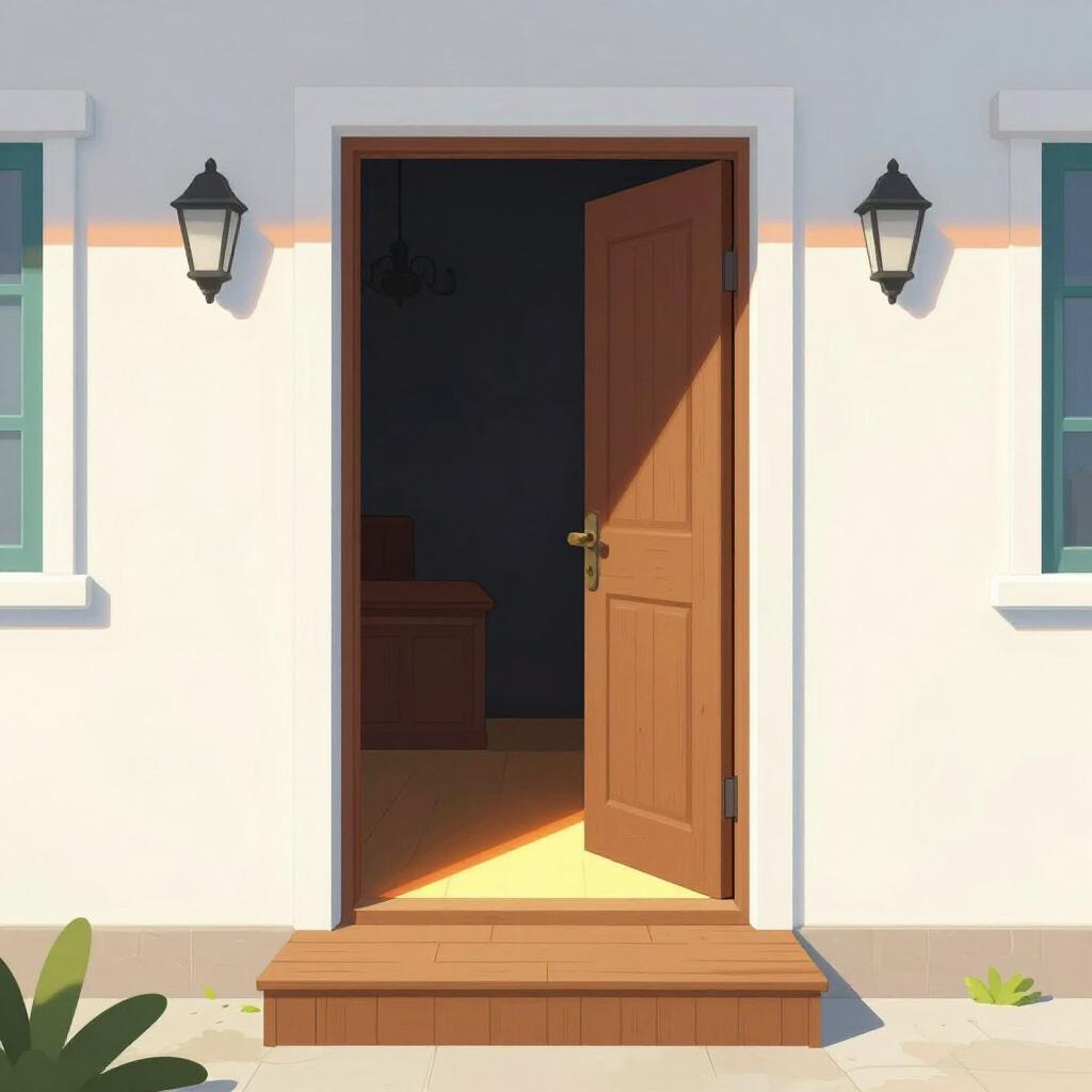 開いた玄関ドアの足元にある、居心地の良い家につながる木製の敷居。